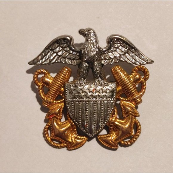 Vintage Sterling & 1/20 10k GF Navy Officer Pin Signed HH Eagle Shield Anchors - Picture 2 of 5